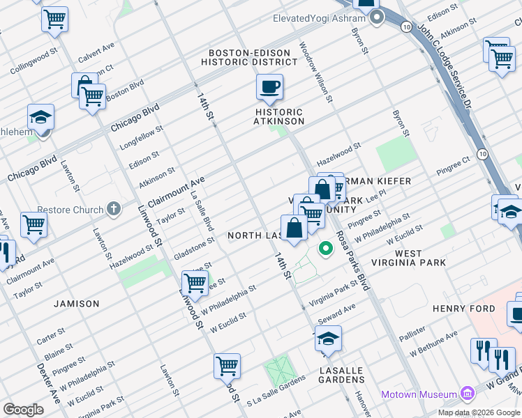 map of restaurants, bars, coffee shops, grocery stores, and more near 2081 Hazelwood Street in Detroit