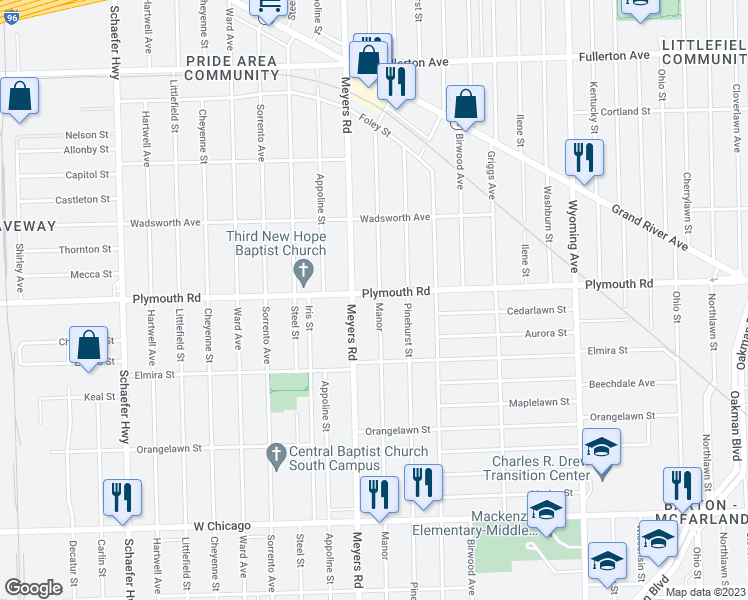 map of restaurants, bars, coffee shops, grocery stores, and more near 11437 Manor Street in Detroit