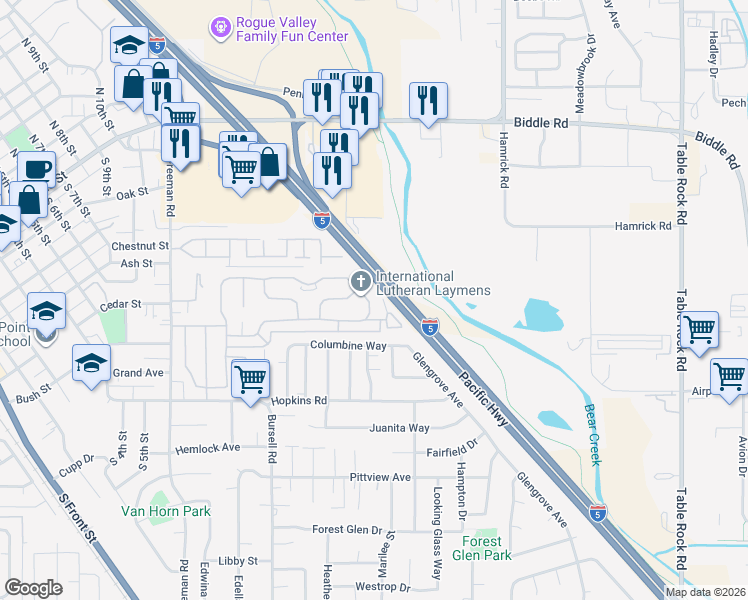 map of restaurants, bars, coffee shops, grocery stores, and more near Pacific Hwy in Central Point