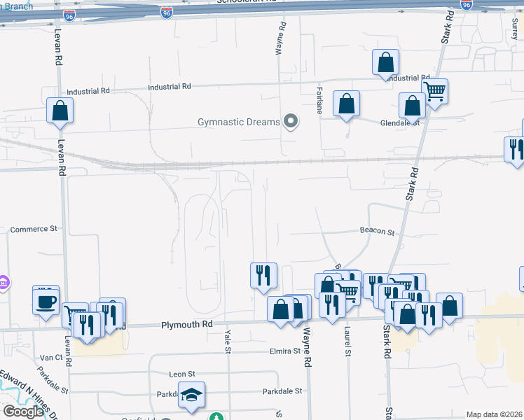map of restaurants, bars, coffee shops, grocery stores, and more near 12499 Belden Ct in Livonia