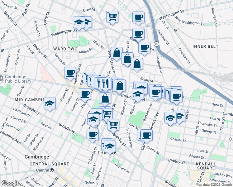 map of restaurants, bars, coffee shops, grocery stores, and more near 1055 Cambridge Street in Cambridge