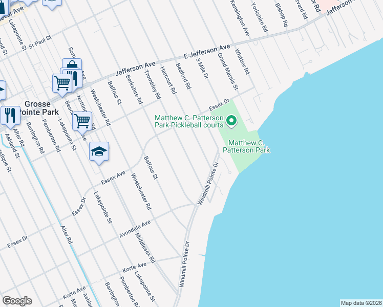 map of restaurants, bars, coffee shops, grocery stores, and more near 759 Harcourt Road in Grosse Pointe Park