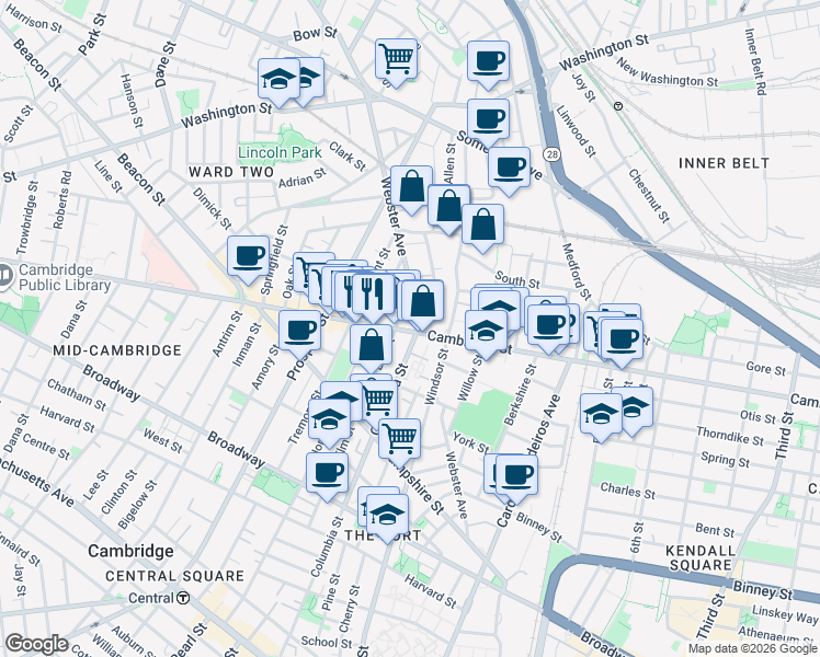 map of restaurants, bars, coffee shops, grocery stores, and more near 432 Columbia Street in Cambridge