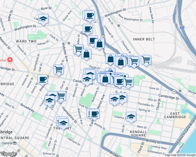 map of restaurants, bars, coffee shops, grocery stores, and more near 52 Porter Street in Cambridge