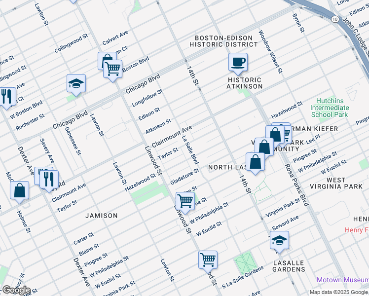 map of restaurants, bars, coffee shops, grocery stores, and more near 2433 Clairmount Avenue in Detroit