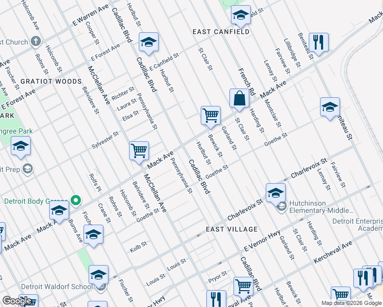 map of restaurants, bars, coffee shops, grocery stores, and more near 10100 Mack Avenue in Detroit