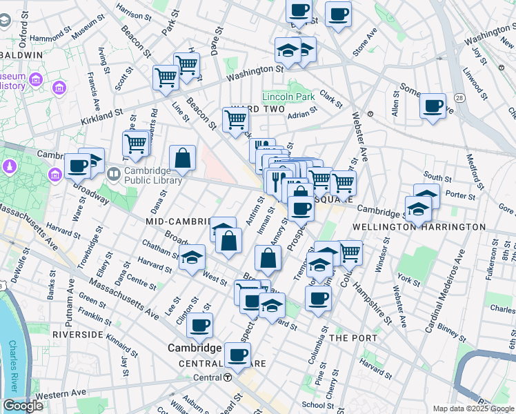 map of restaurants, bars, coffee shops, grocery stores, and more near 123 Antrim Street in Cambridge