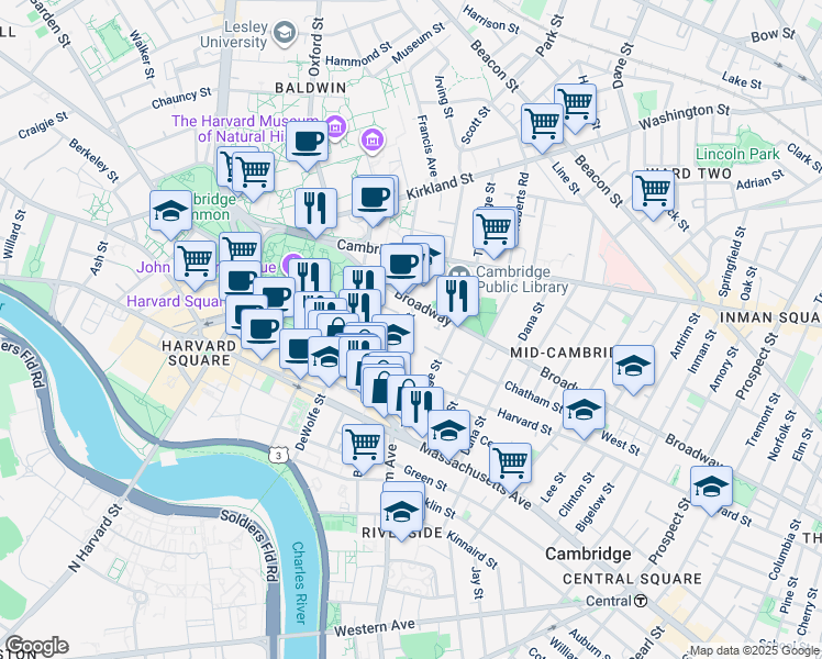map of restaurants, bars, coffee shops, grocery stores, and more near 16 Ware Street in Cambridge