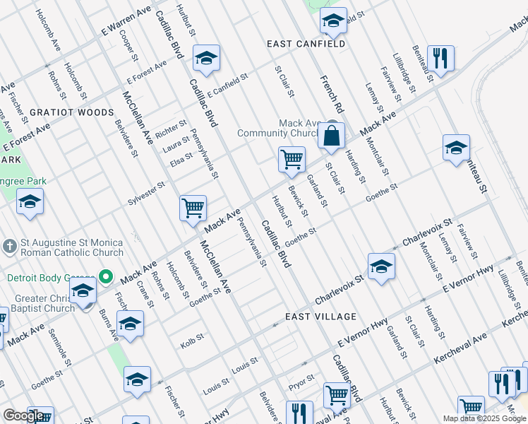 map of restaurants, bars, coffee shops, grocery stores, and more near 10100 Mack Avenue in Detroit