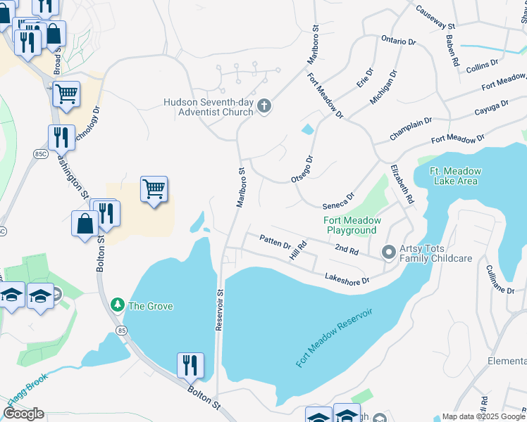 map of restaurants, bars, coffee shops, grocery stores, and more near 36 Seneca Drive in Hudson