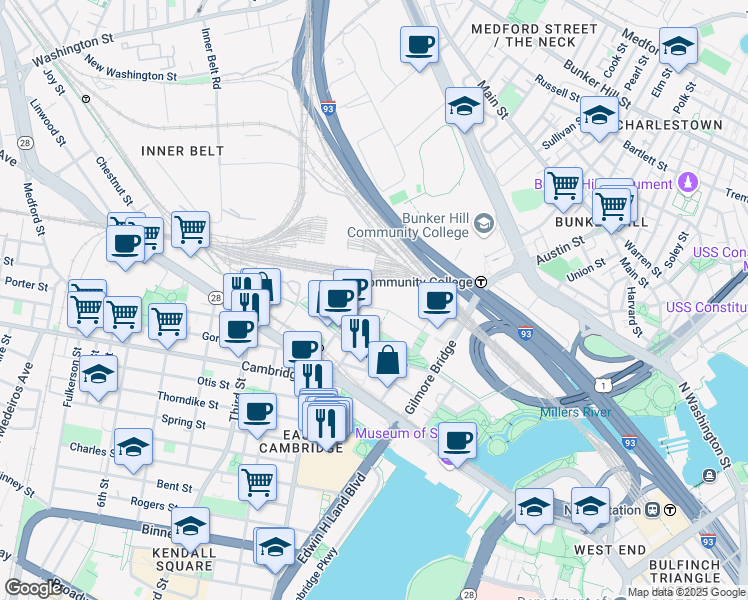 map of restaurants, bars, coffee shops, grocery stores, and more near 250 Water Street in Cambridge