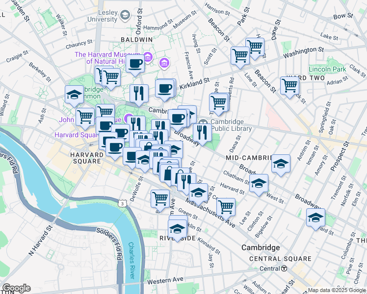 map of restaurants, bars, coffee shops, grocery stores, and more near 459 Broadway in Cambridge