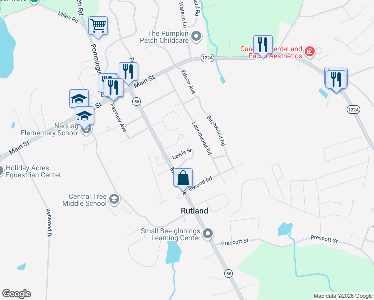 map of restaurants, bars, coffee shops, grocery stores, and more near 8 Village Way in Rutland