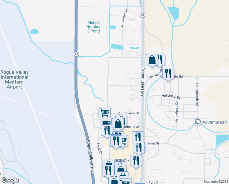 map of restaurants, bars, coffee shops, grocery stores, and more near 3846 Lear Way in Medford