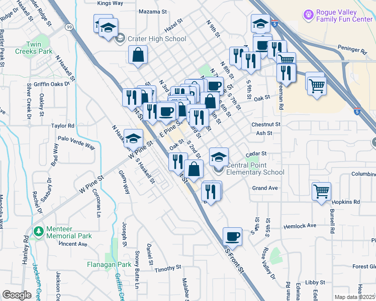 map of restaurants, bars, coffee shops, grocery stores, and more near 155 South 2nd Street in Central Point