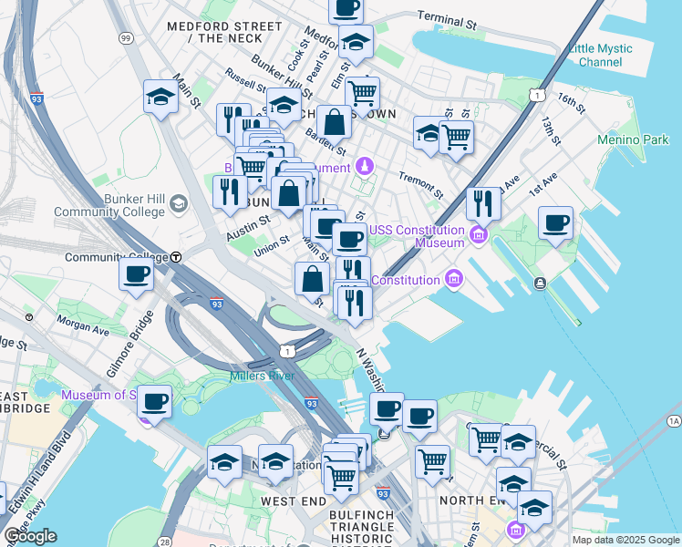 map of restaurants, bars, coffee shops, grocery stores, and more near 67 Main Street in Boston