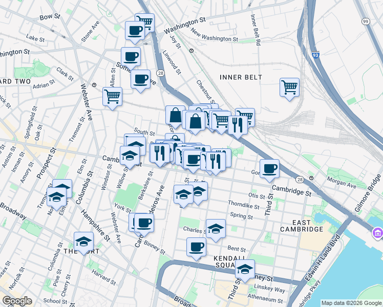 map of restaurants, bars, coffee shops, grocery stores, and more near 22 McGrath Highway in Somerville