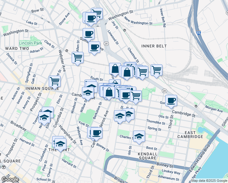 map of restaurants, bars, coffee shops, grocery stores, and more near 5 Porter Street in Cambridge