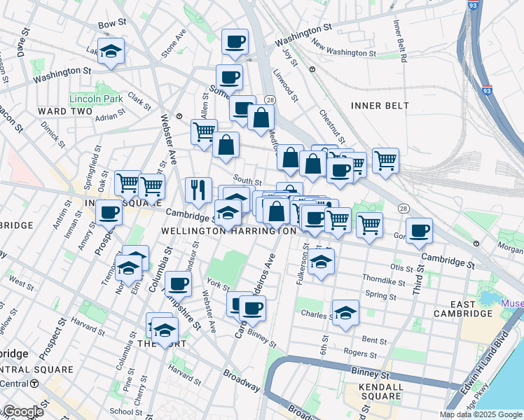 map of restaurants, bars, coffee shops, grocery stores, and more near 52 Porter Street in Cambridge