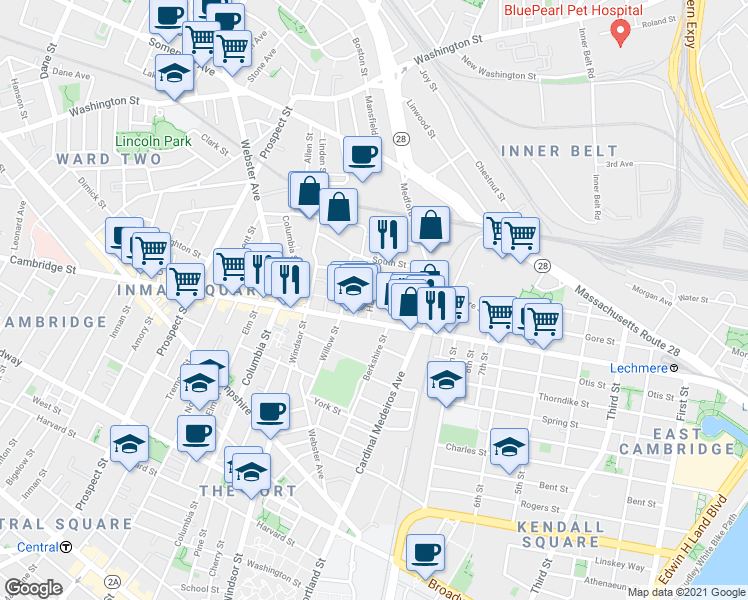 map of restaurants, bars, coffee shops, grocery stores, and more near 21 Hunting Street in Cambridge