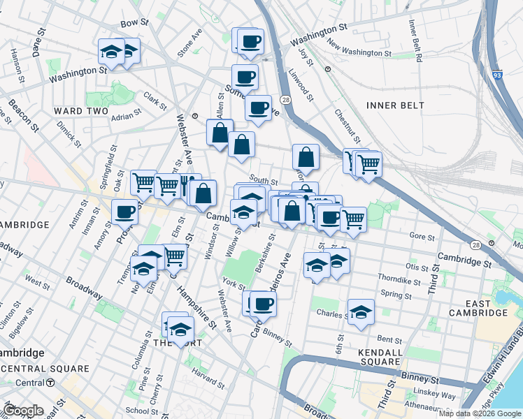 map of restaurants, bars, coffee shops, grocery stores, and more near 21 Hunting Street in Cambridge