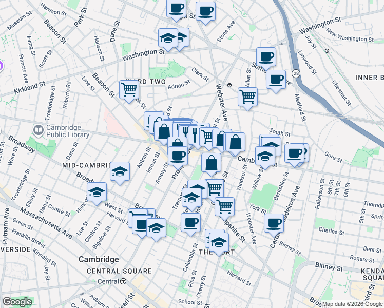 map of restaurants, bars, coffee shops, grocery stores, and more near in Cambridge