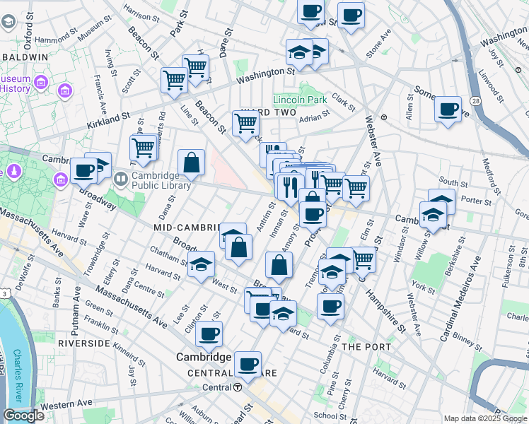 map of restaurants, bars, coffee shops, grocery stores, and more near 139 Antrim Street in Cambridge