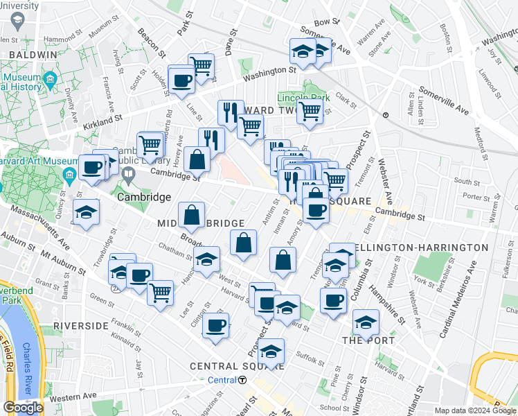 map of restaurants, bars, coffee shops, grocery stores, and more near in Cambridge