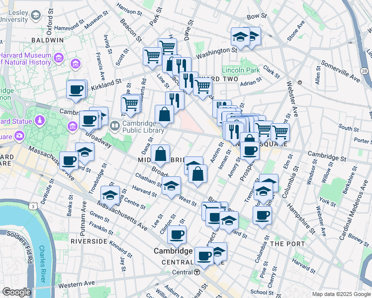 map of restaurants, bars, coffee shops, grocery stores, and more near 10 Marie Avenue in Cambridge