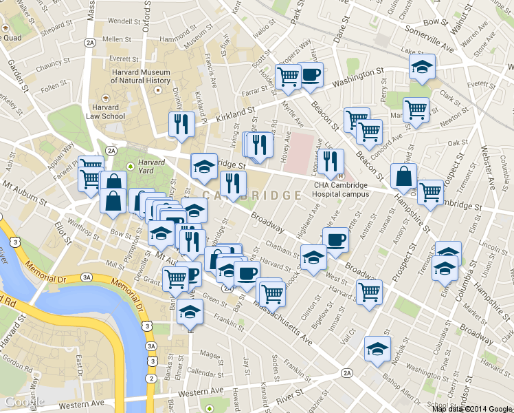 map of restaurants, bars, coffee shops, grocery stores, and more near in Cambridge