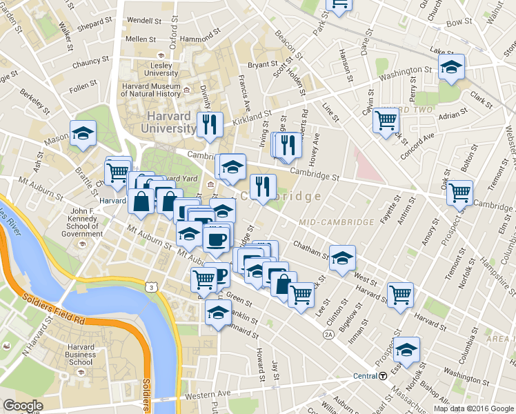 map of restaurants, bars, coffee shops, grocery stores, and more near in Cambridge