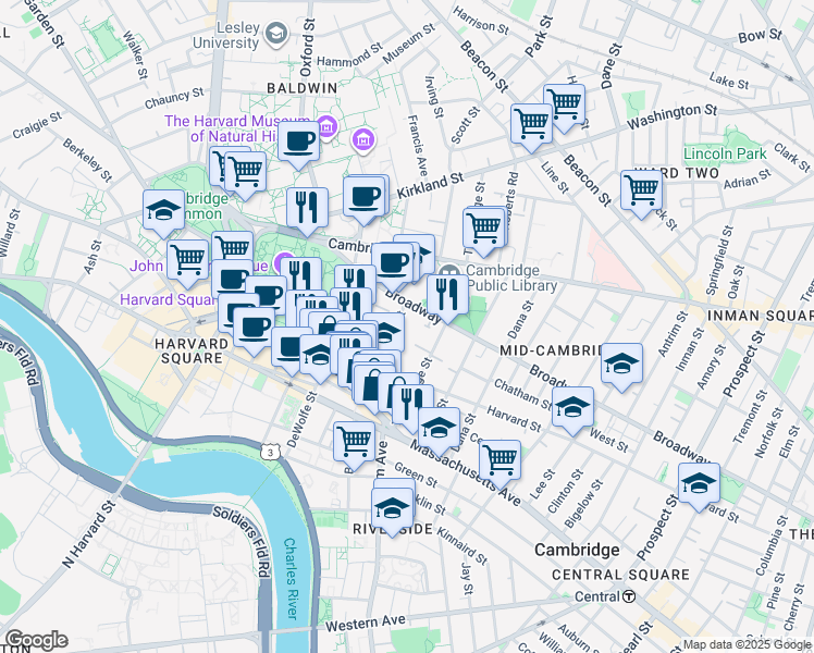 map of restaurants, bars, coffee shops, grocery stores, and more near 459 Broadway in Cambridge