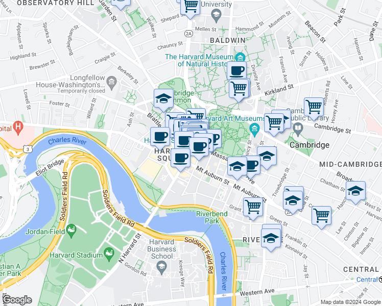 map of restaurants, bars, coffee shops, grocery stores, and more near 4 Brattle Square in Cambridge