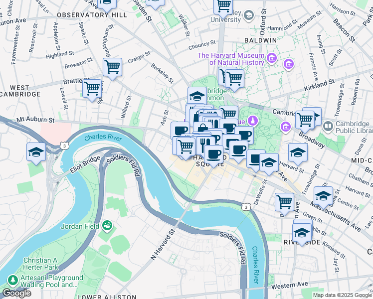 map of restaurants, bars, coffee shops, grocery stores, and more near 1 Mifflin Place in Cambridge