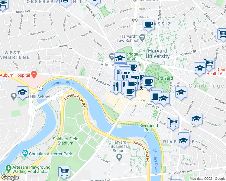 map of restaurants, bars, coffee shops, grocery stores, and more near 1 Mifflin Place in Cambridge