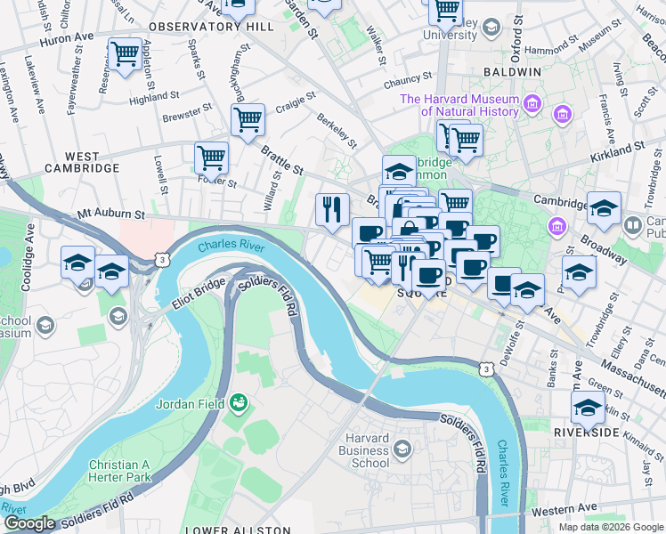 map of restaurants, bars, coffee shops, grocery stores, and more near 10 Brewer Street in Cambridge