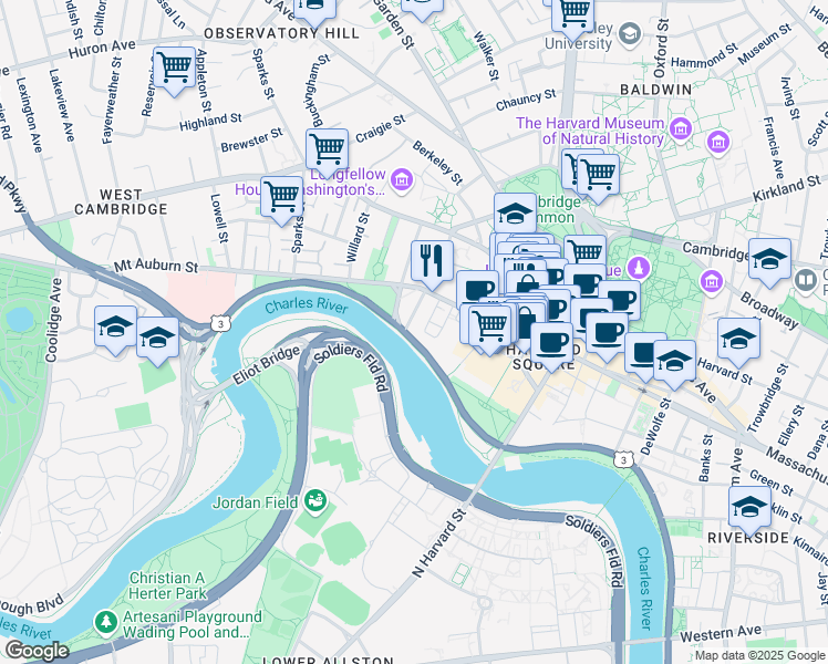 map of restaurants, bars, coffee shops, grocery stores, and more near 10 Brewer Street in Cambridge