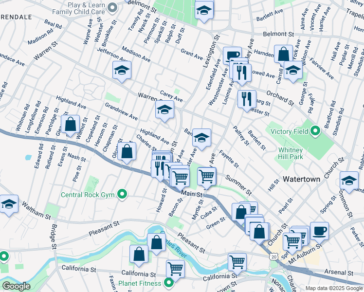 map of restaurants, bars, coffee shops, grocery stores, and more near 90 Edenfield Avenue in Watertown