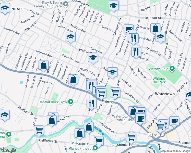map of restaurants, bars, coffee shops, grocery stores, and more near 11 Highland Avenue in Watertown