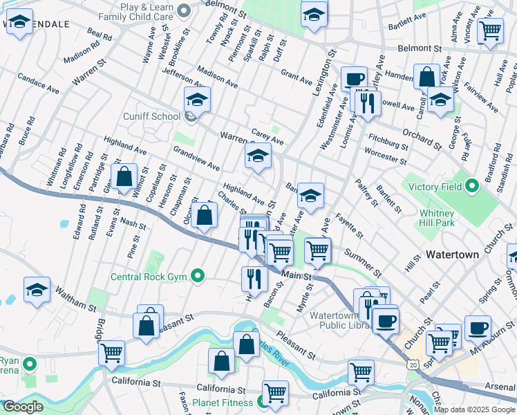 map of restaurants, bars, coffee shops, grocery stores, and more near 11 Highland Avenue in Watertown