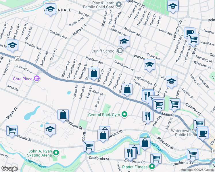 map of restaurants, bars, coffee shops, grocery stores, and more near 25 Hersom Street in Watertown