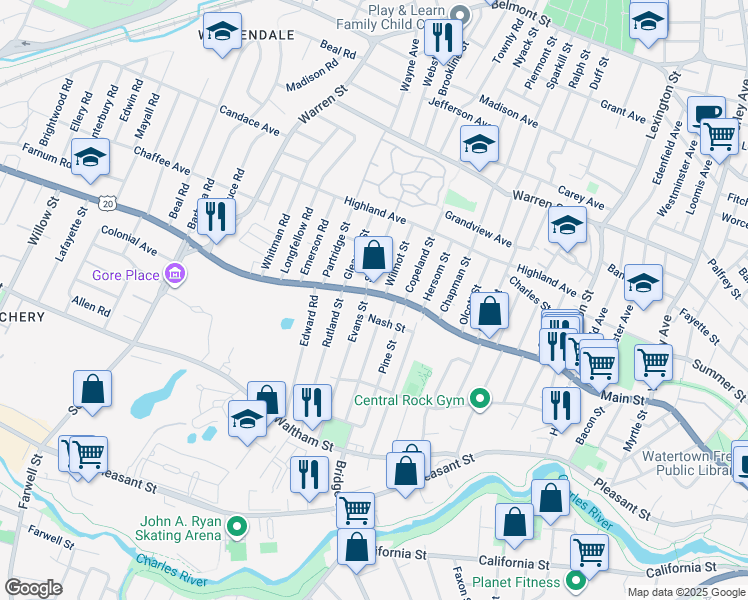 map of restaurants, bars, coffee shops, grocery stores, and more near 5 Stuart Street in Watertown