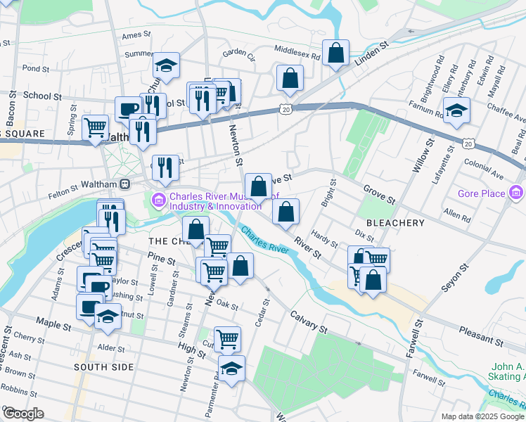map of restaurants, bars, coffee shops, grocery stores, and more near 309 River Street in Waltham