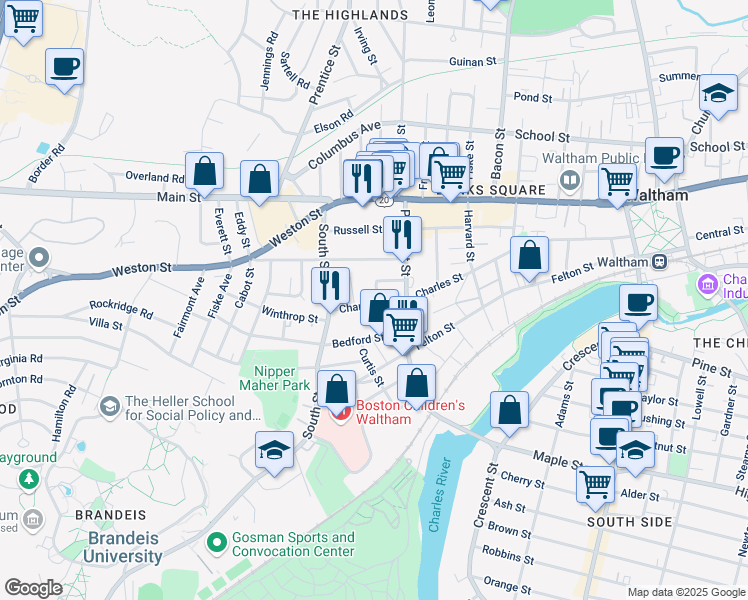map of restaurants, bars, coffee shops, grocery stores, and more near 5 Charles Street Avenue in Waltham