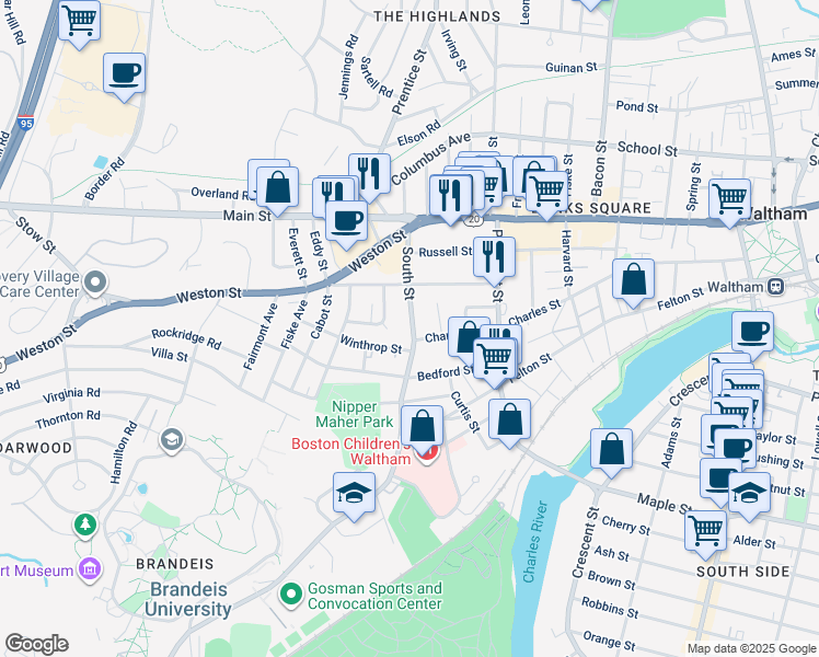 map of restaurants, bars, coffee shops, grocery stores, and more near in Waltham
