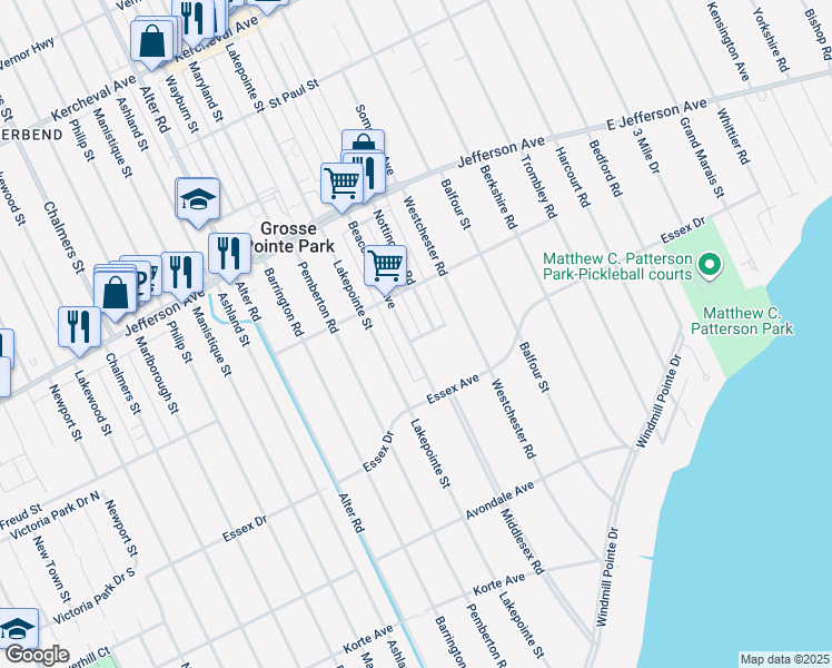 map of restaurants, bars, coffee shops, grocery stores, and more near 837 Nottingham Road in Grosse Pointe Park