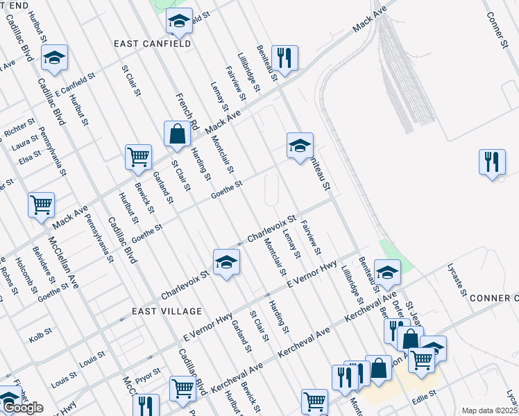 map of restaurants, bars, coffee shops, grocery stores, and more near 3010 Montclair Street in Detroit
