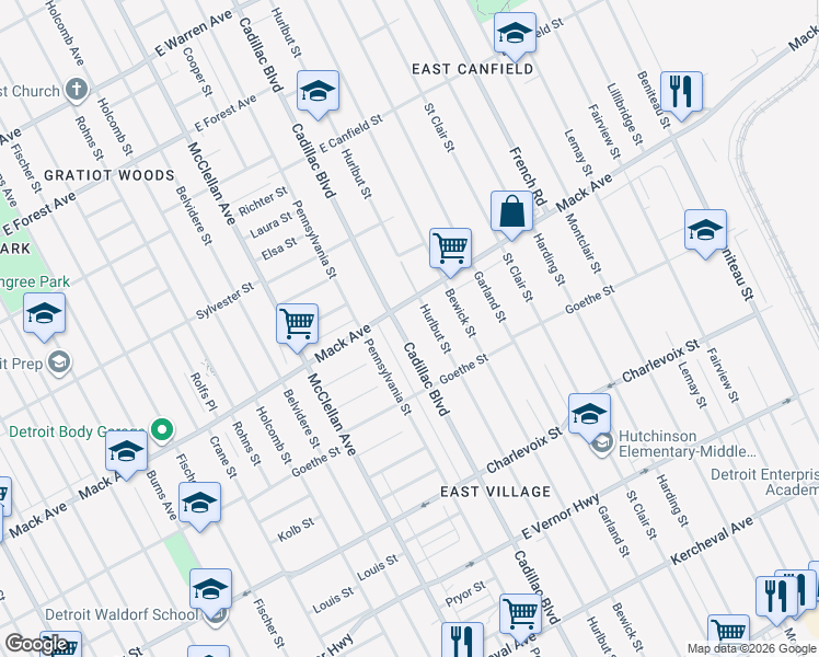 map of restaurants, bars, coffee shops, grocery stores, and more near 10100 Mack Avenue in Detroit