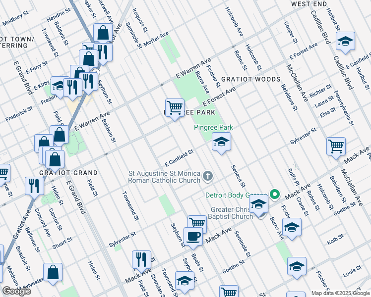 map of restaurants, bars, coffee shops, grocery stores, and more near 4435 Seminole Street in Detroit