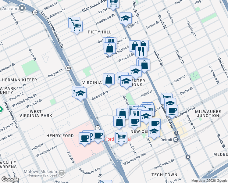 map of restaurants, bars, coffee shops, grocery stores, and more near 675 Seward Avenue in Detroit
